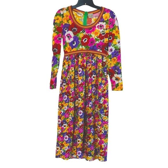 Goldworm Vintage 60s Anemone Vibrant Rainbow Floral Long Sleeve Dress Sz 12 - Picture 9 of 10